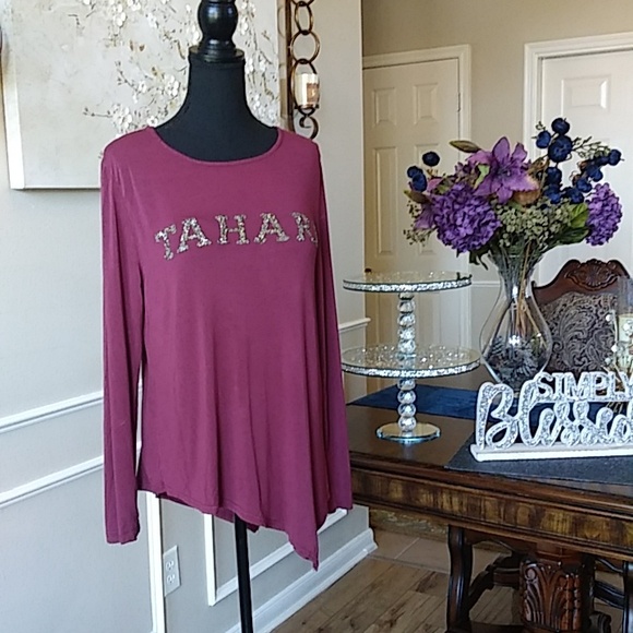 Burgundy Asymmetrical Long Sleeves Embellished Top By Tahari. Size L - Picture 14 of 17